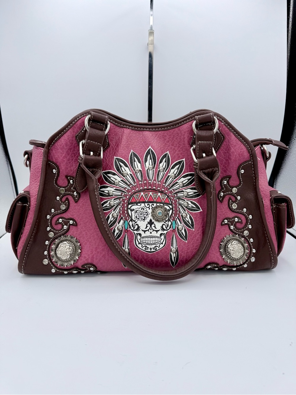 Pink Western Skull Embellished Conceal Carry‎ Satchel Handbag